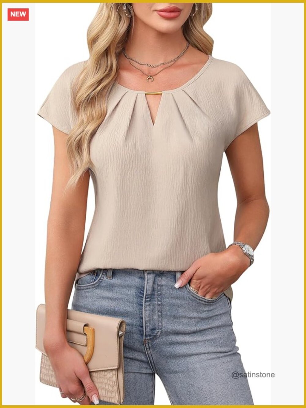 Women's Dressy Business Casual Blouse - Pleated Short Sleeve Work Top